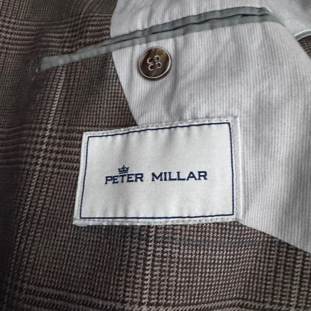 Peter Millar Sport Coat Mens Medium Brown Blue Glen Plaid Wool Silk Linen